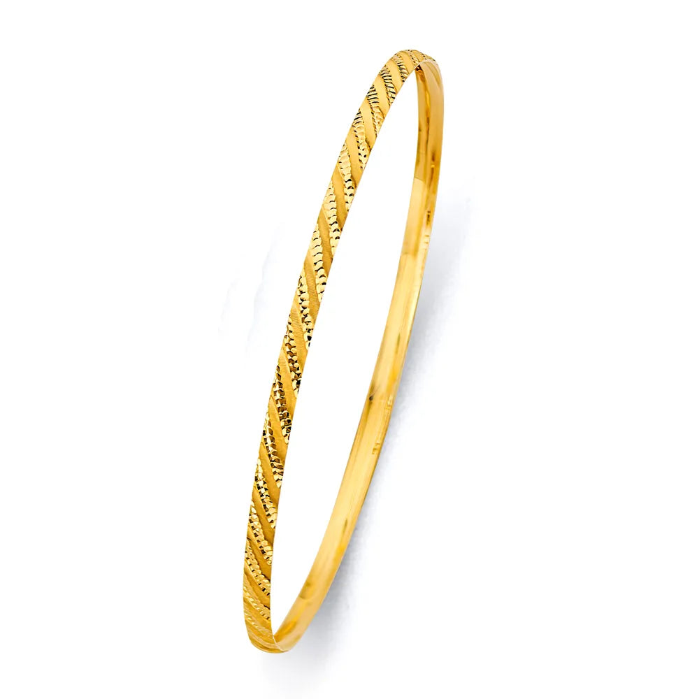 14K Yellow Gold Solid Diamond-Cut Diagonal Pattern Women’s Bangle Size 7"