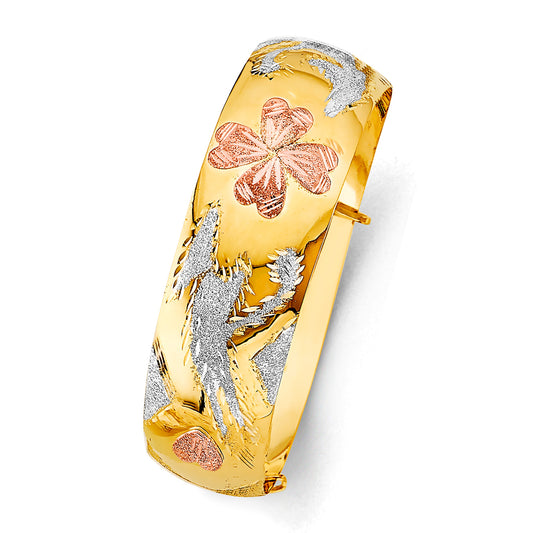 14K Tri-Color Gold Adjustable Heart Accent Bangle 20mm wide