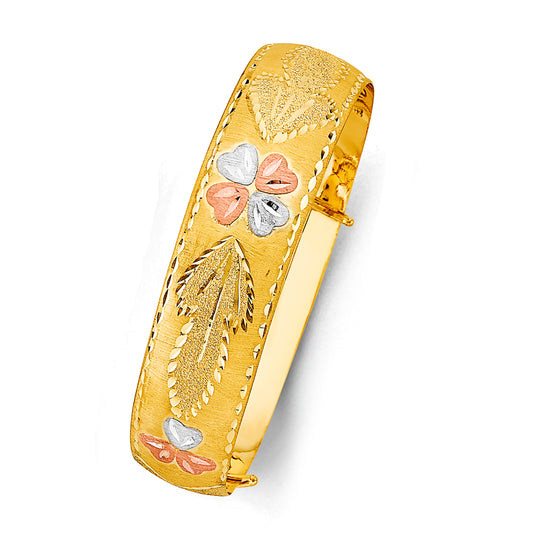 14K Tri-Color Gold Adjustable Heart Accent Bangle 17mm wide