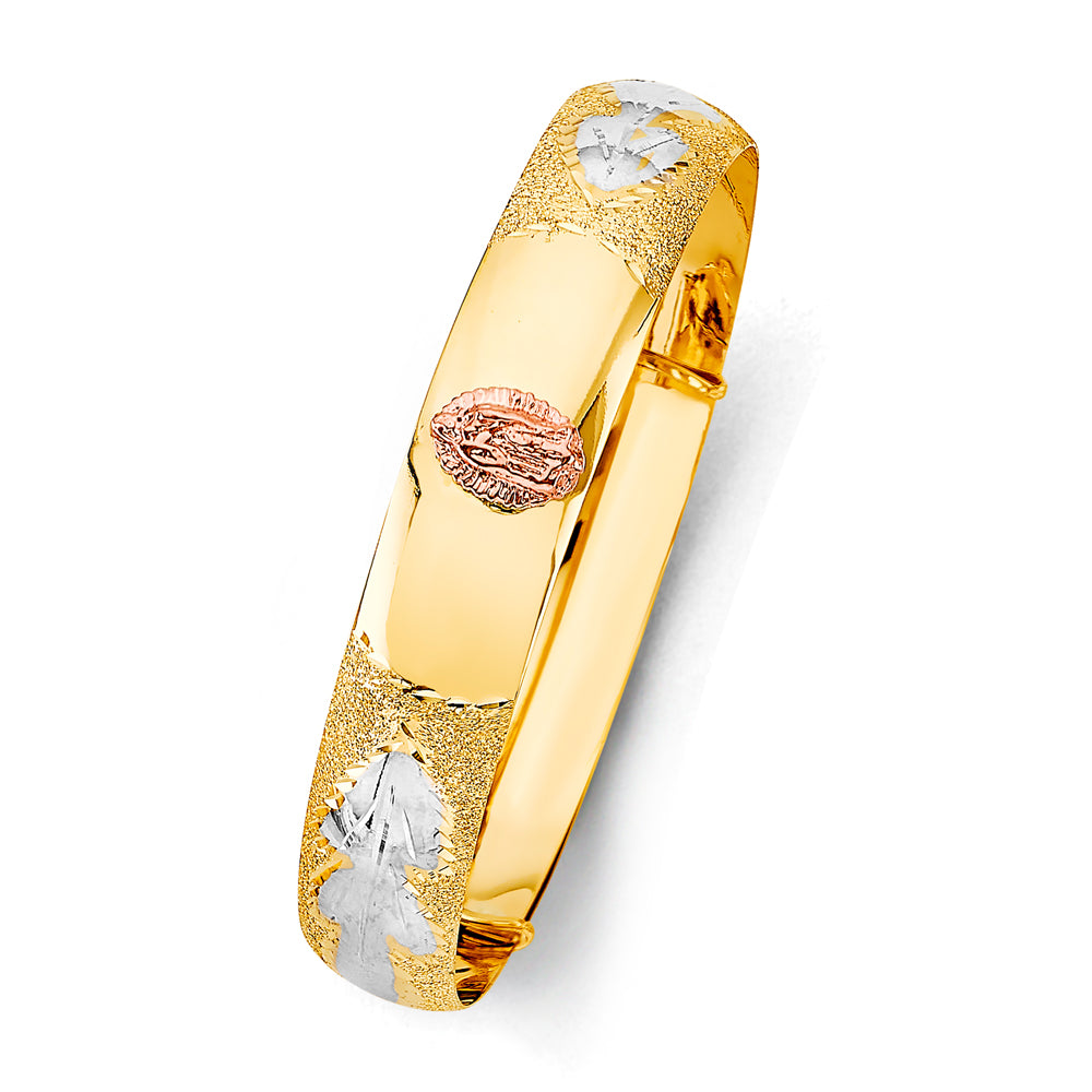 14K Tri-Color Gold Adjustable Virgen de Guadalupe Accent Bangle 13mm wide