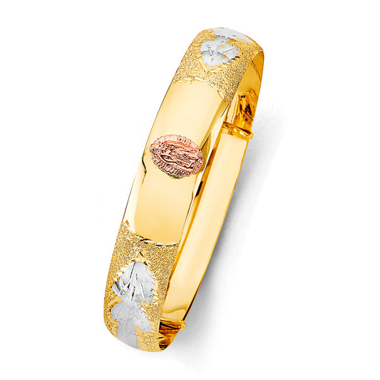 14K Tri-Color Gold Adjustable Virgen de Guadalupe Accent Bangle 13mm wide