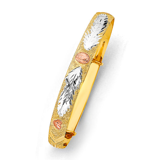 14K Tri-Color Gold Adjustable Heart & Virgen de Guadalupe Accent Bangle 8mm wide