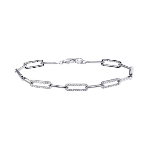 925 Sterling Silver Rhodium Plated CZ Paperclip Bracelet 7.25