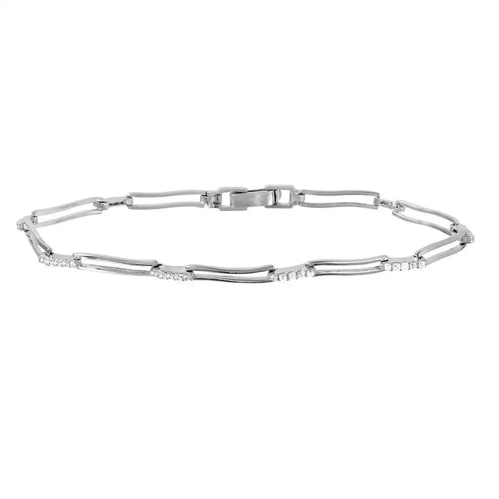 925 Sterling Silver Rhodium Plated Wavy Squared Links CZ Accented Bracelet