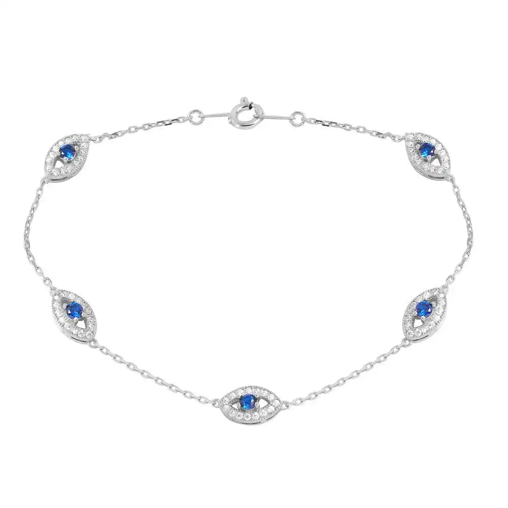 925 Sterling Silver Rhodium Plated Small Round Evil Eye Chain Bracelet