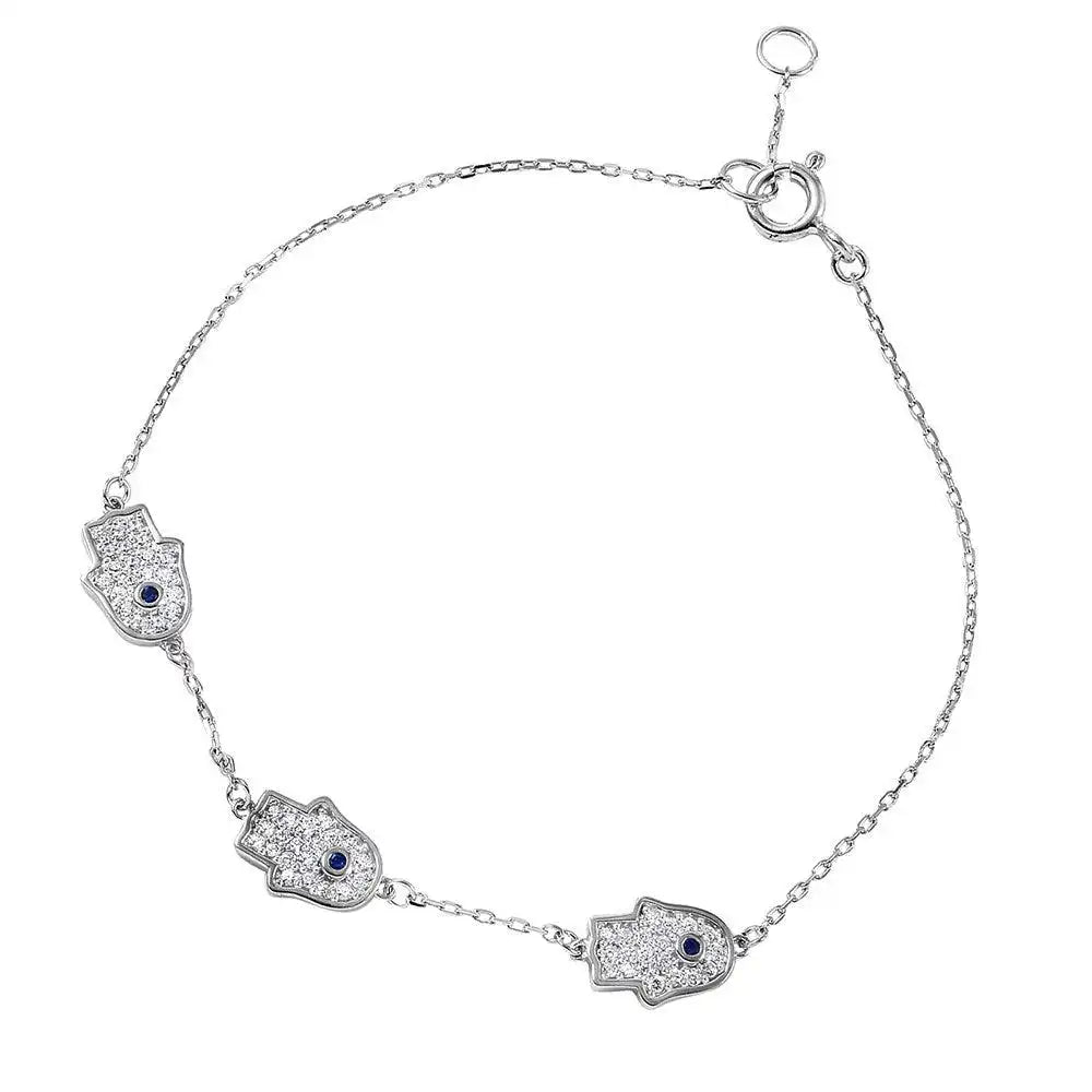 925 Sterling Silver Rhodium Plated Hamsa Hand CZ Bracelet