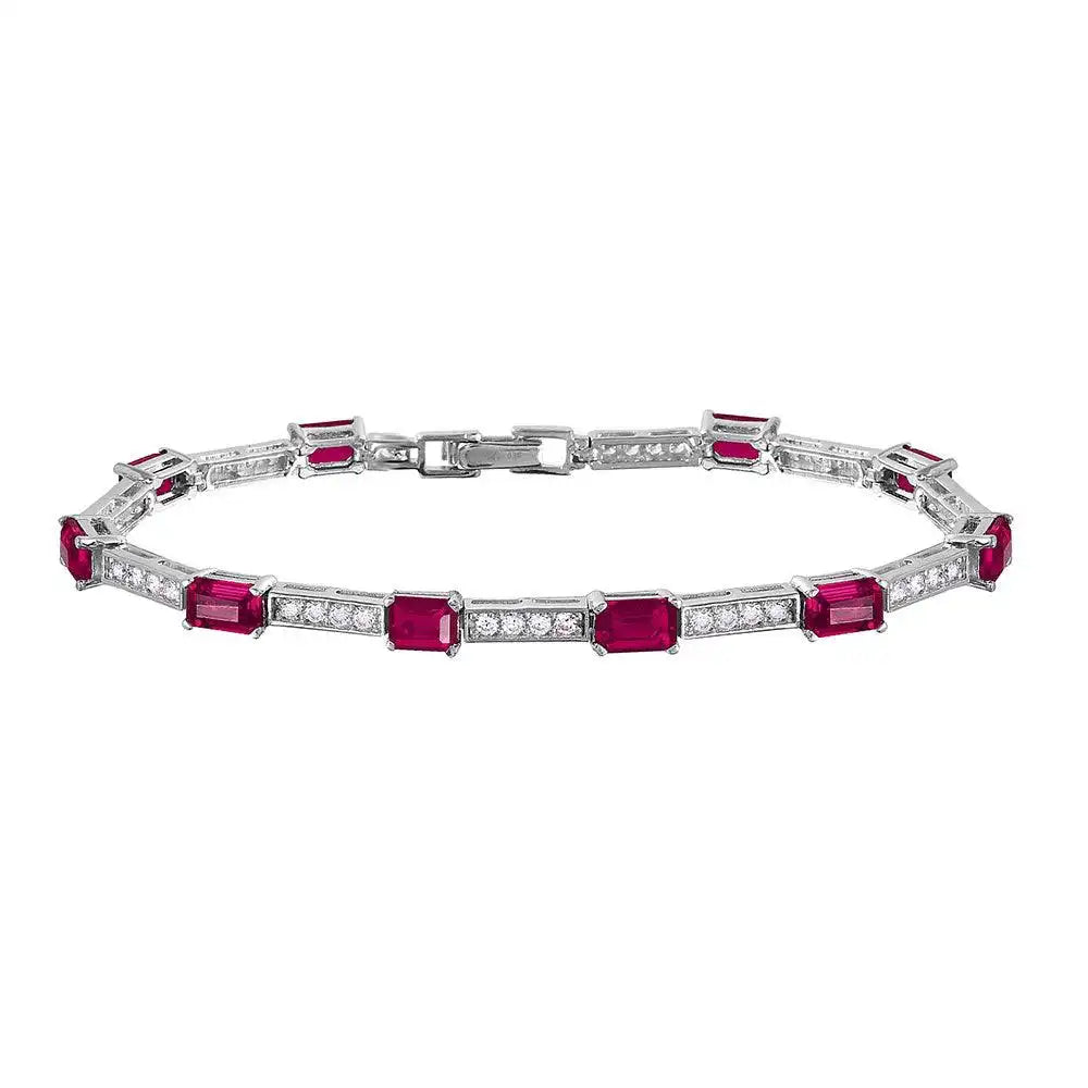 925 Sterling Silver Rhodium Plated Multi Square Clear and Ruby CZ Tennis Bracelet