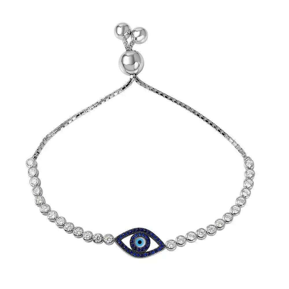 925 Sterling Silver Rhodium Plated Blue CZ Evil Eye Bracelet
