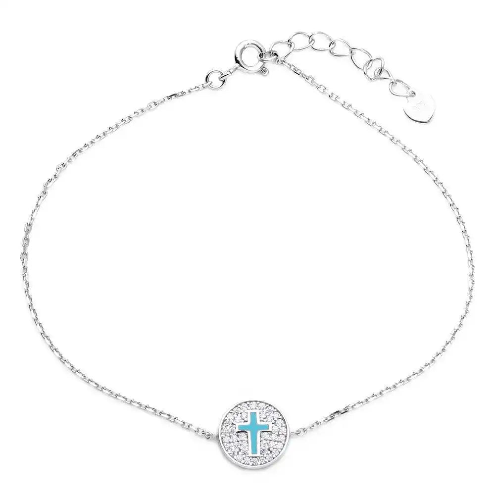 925 Sterling Silver Rhodium Plated Bracelet with CZ Encrusted Cross Disc