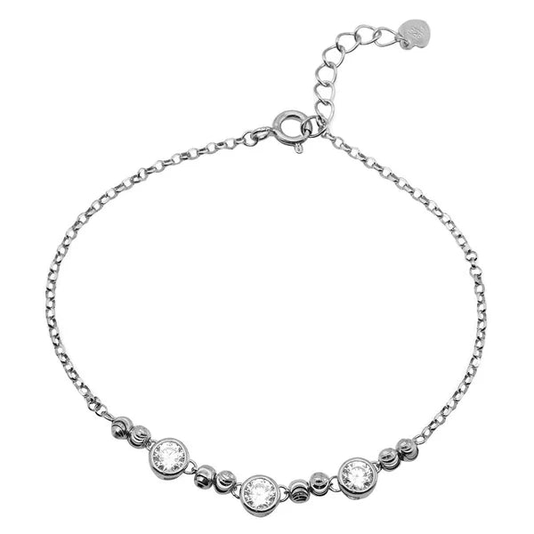 925 Sterling Silver Rhodium Plated Beaded 3 Stones Link Bracelet