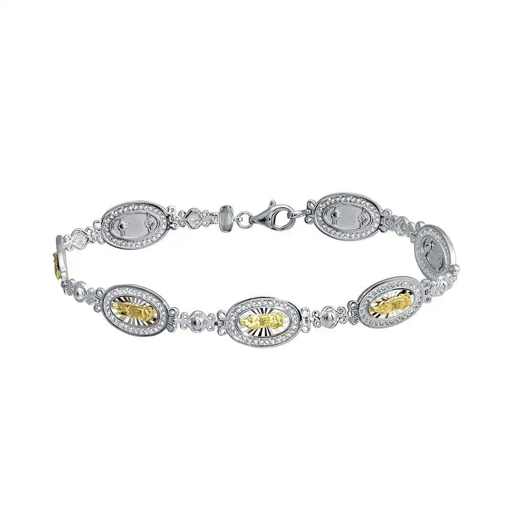 925 Sterling Silver 2 Toned 8mm Oval Mary Link Tennis Bracelet