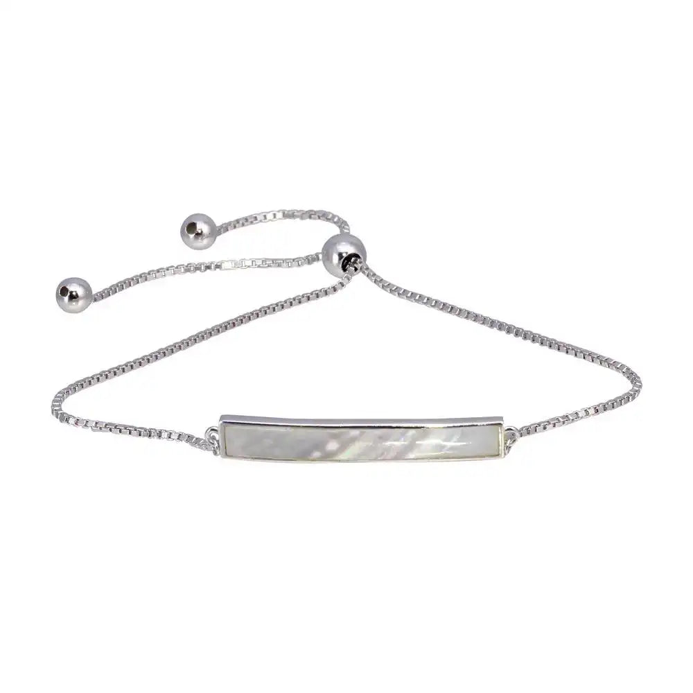 925 Sterling Silver Rhodium Plated Synthetic Mother of Pearl Bar Chain Lariat Bracelet