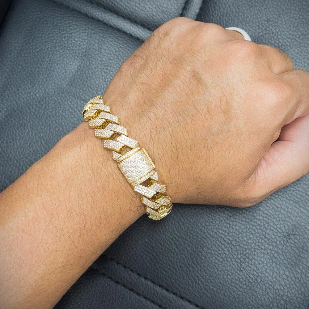 925 Sterling Silver Gold Plated CZ Encrusted Square Miami Cuban Link Bracelet 15mm