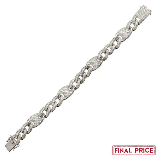 925 Sterling Silver Rhodium Plated CZ Encrusted Figaro Mariner Bracelet 14.5mm