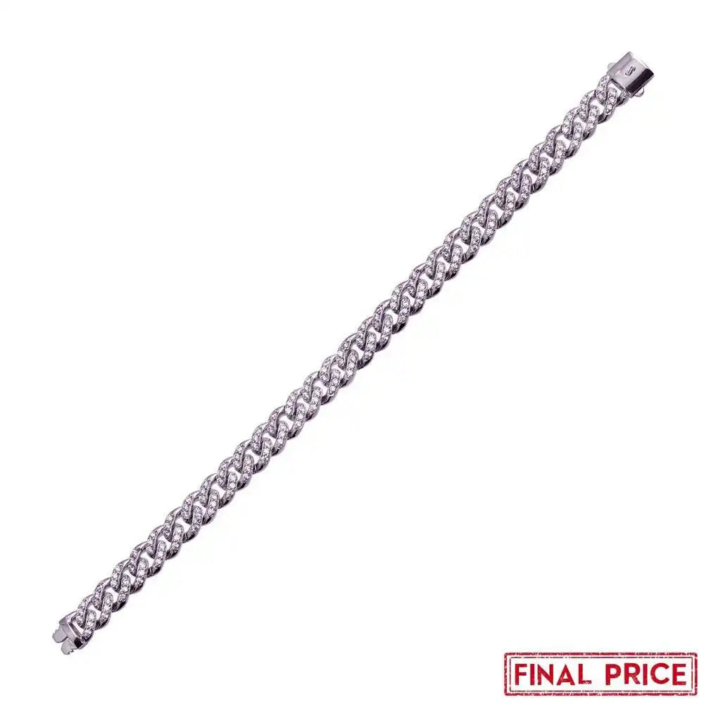 925 Sterling Silver Rhodium Plated CZ Encrusted Miami Cuban Link Plain Lock Bracelet 9mm