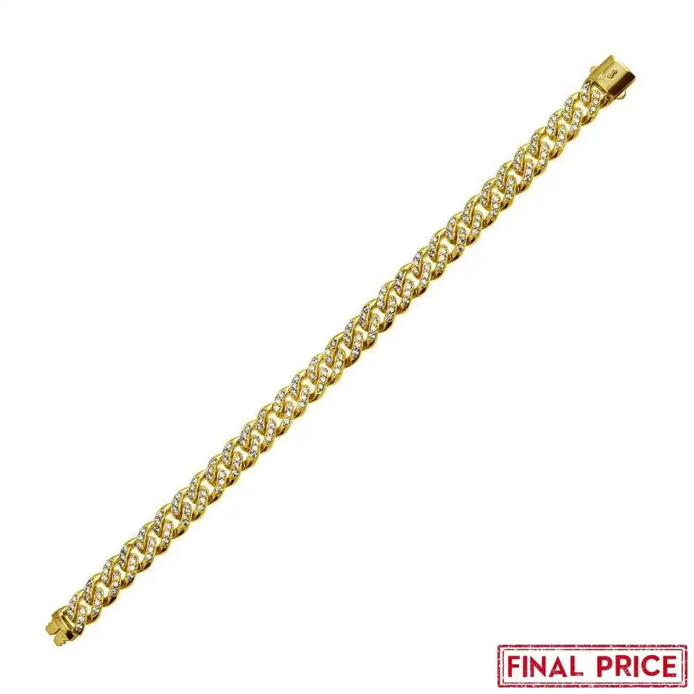 925 Sterling Silver Gold Plated CZ Encrusted Miami Cuban Link Plain Lock Bracelet 9mm