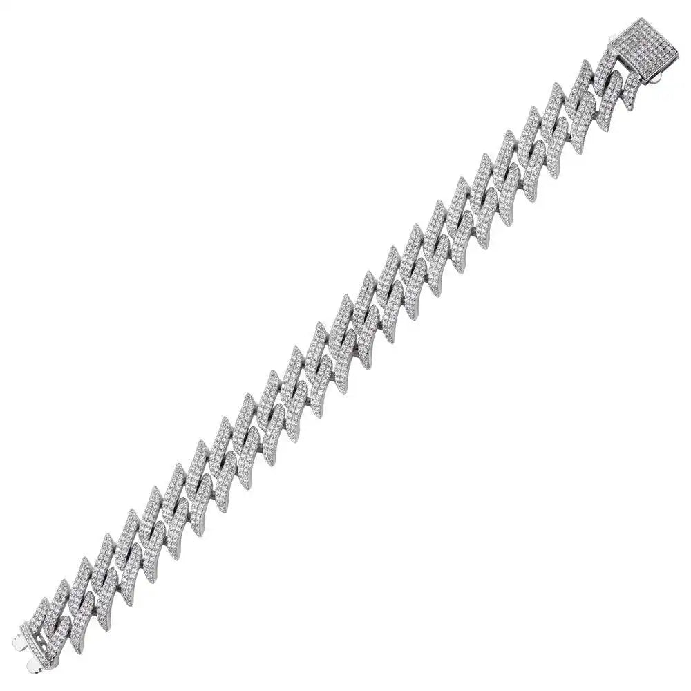 925 Sterling Silver Rhodium Plated CZ Encrusted Spike Barbed Wire 13mm Chain or Bracelet