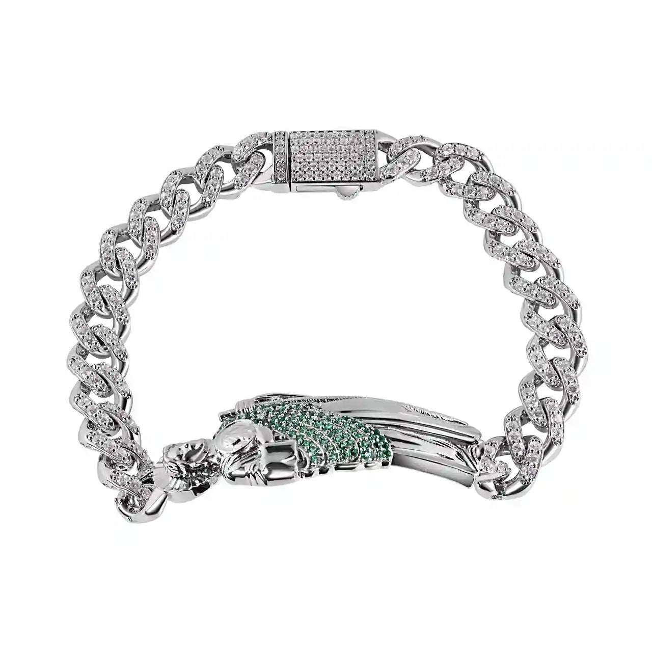 925 Sterling Silver Rhodium Plated Rectangle St Jude Clear CZ Studded Cuban 8.8mm Bracelet