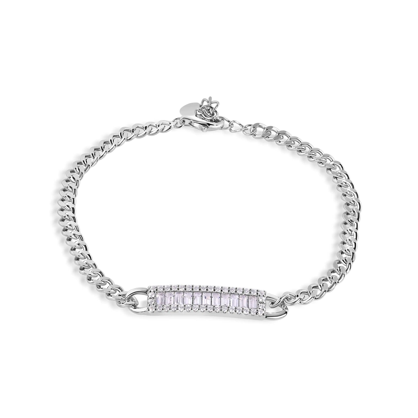 925 Sterling Silver Rhodium Plated 3.5mm Curb Baguette Clear CZ Adjustable Bracelet
