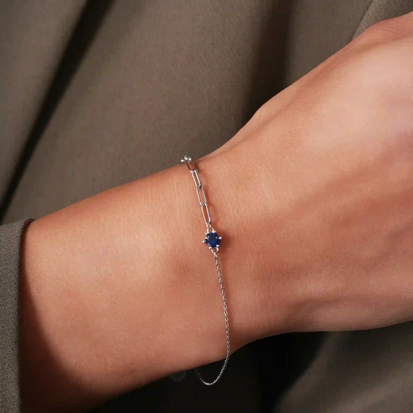 925 Sterling Silver Rhodium Plated Half Paperclip and Half Rolo Round Sapphire Blue CZ Adjustable Bracelet
