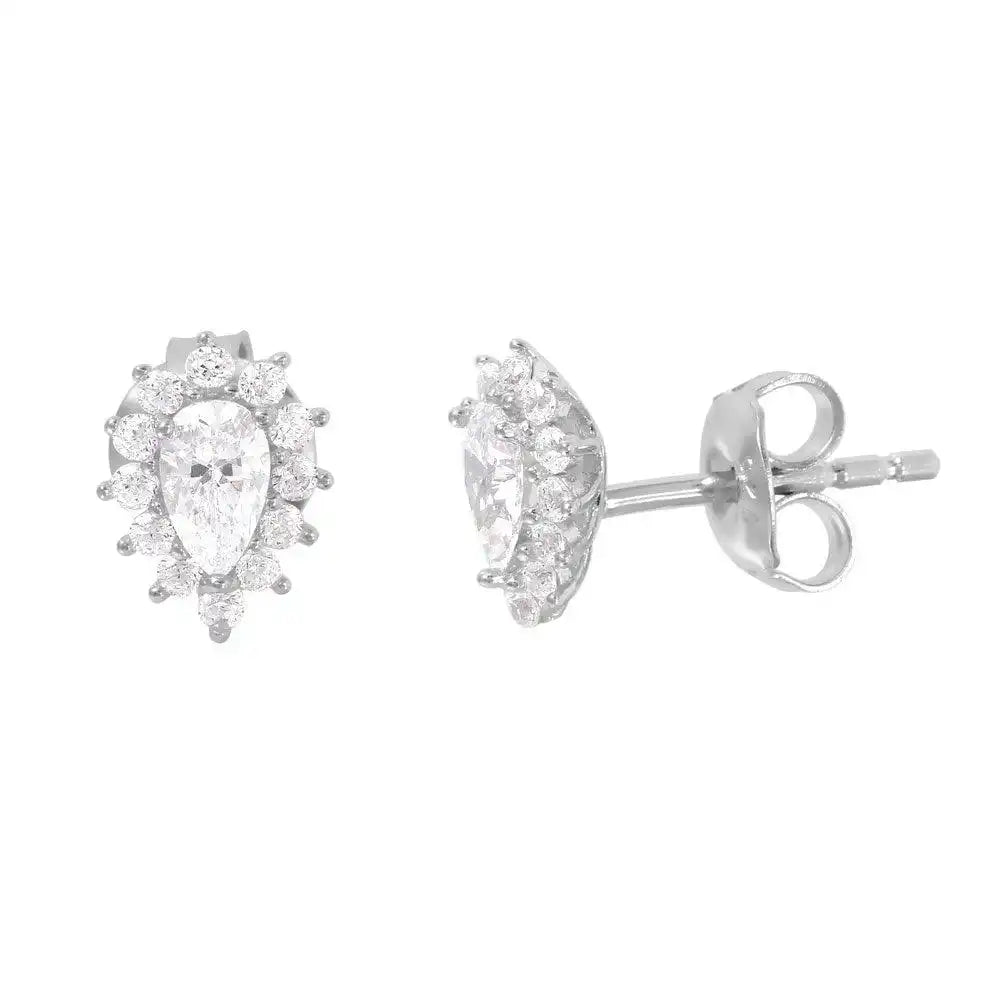 925 Sterling Silver Rhodium Plated CZ Teardrop Stud Earrings