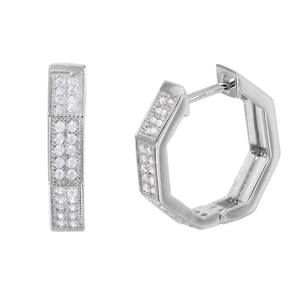 925 Sterling Silver Rhodium Plated Octagon CZ huggie hoop Earrings