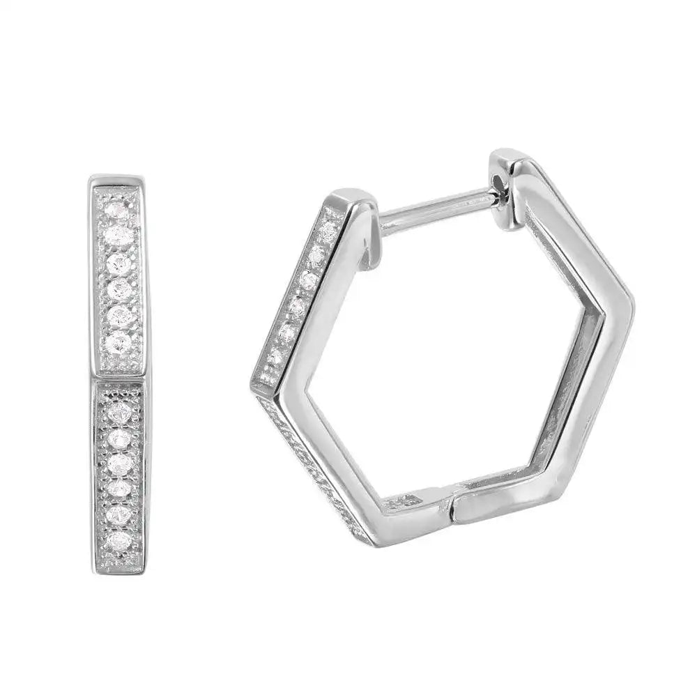925 Sterling Silver Rhodium Plated Thin Octagon CZ Hoop Earrings