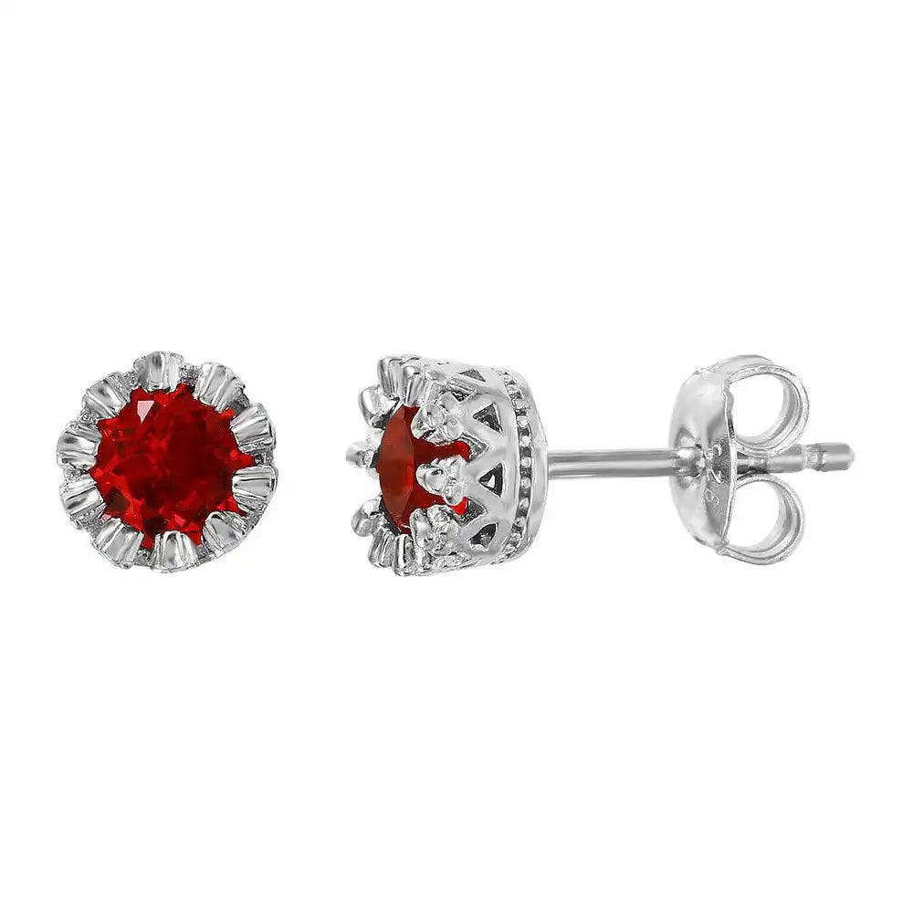 925 Sterling Silver Rhodium Plated Crown Set Studs with Red CZ Stone