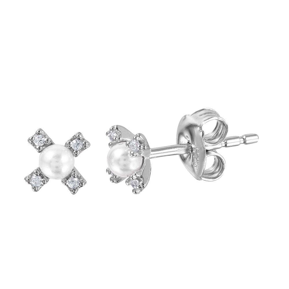 925 Silver Rhodium Plated CZ Flower Studs with Synthetic Pearl