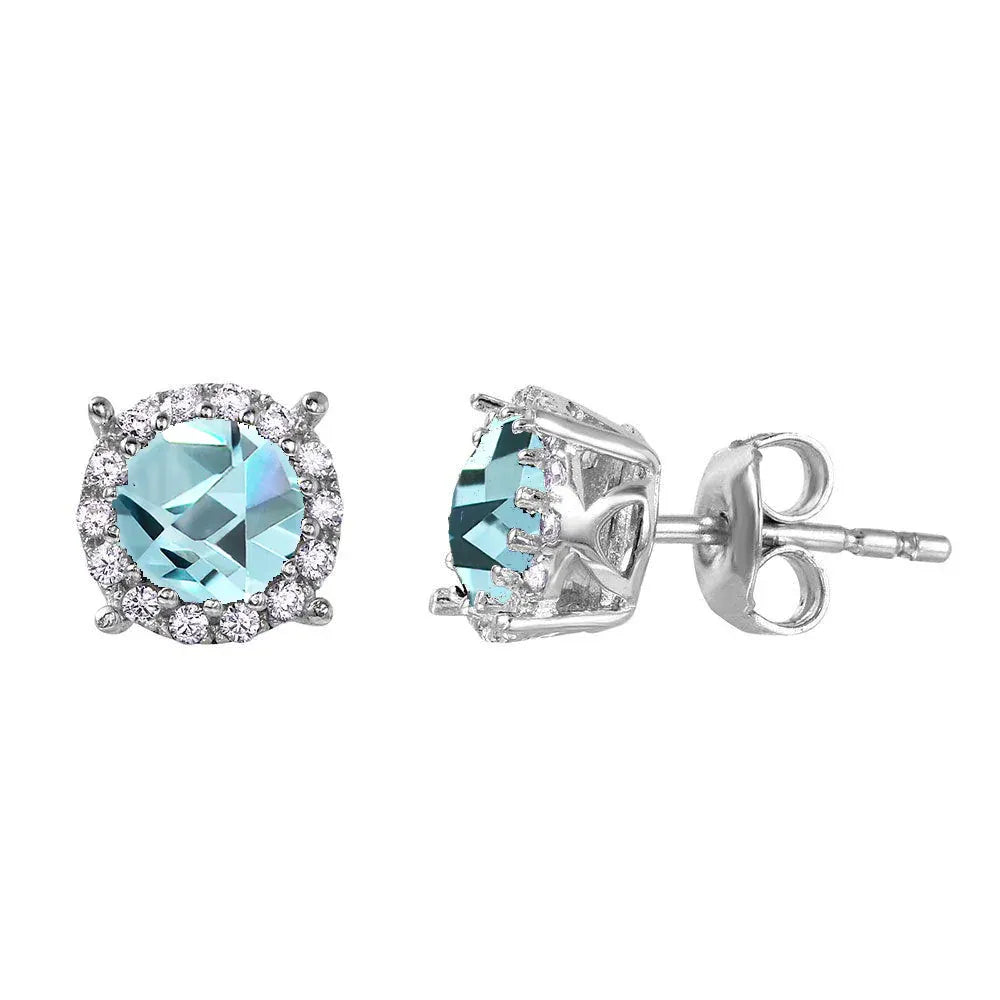 925 Sterling Silver Rhodium Plated Halo Studs with Blue CZ Stone