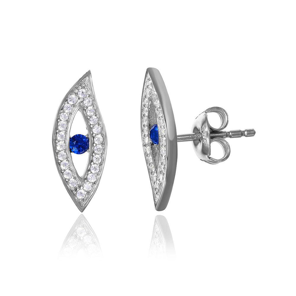 925 Silver Rhodium Plated Evil Eye CZ Earring with Blue Center Stone