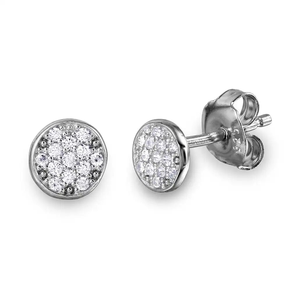 925 Sterling Silver Rhodium Plated CZ Encrusted Disc Stud Earrings