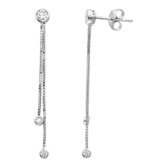 925 Sterling Silver Rhodium Plated Dangling Box Chain with CZ Earring