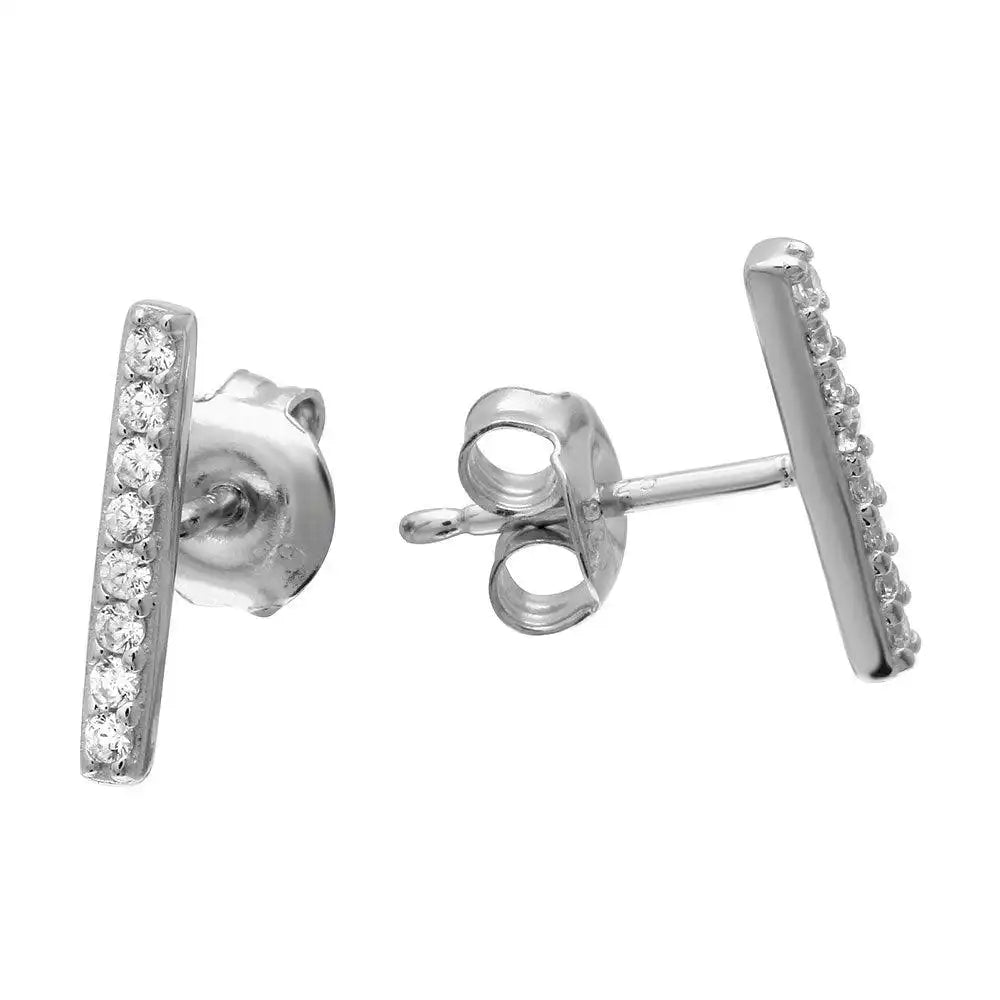 925 Sterling Silver Rhodium Plated CZ Bar Earrings
