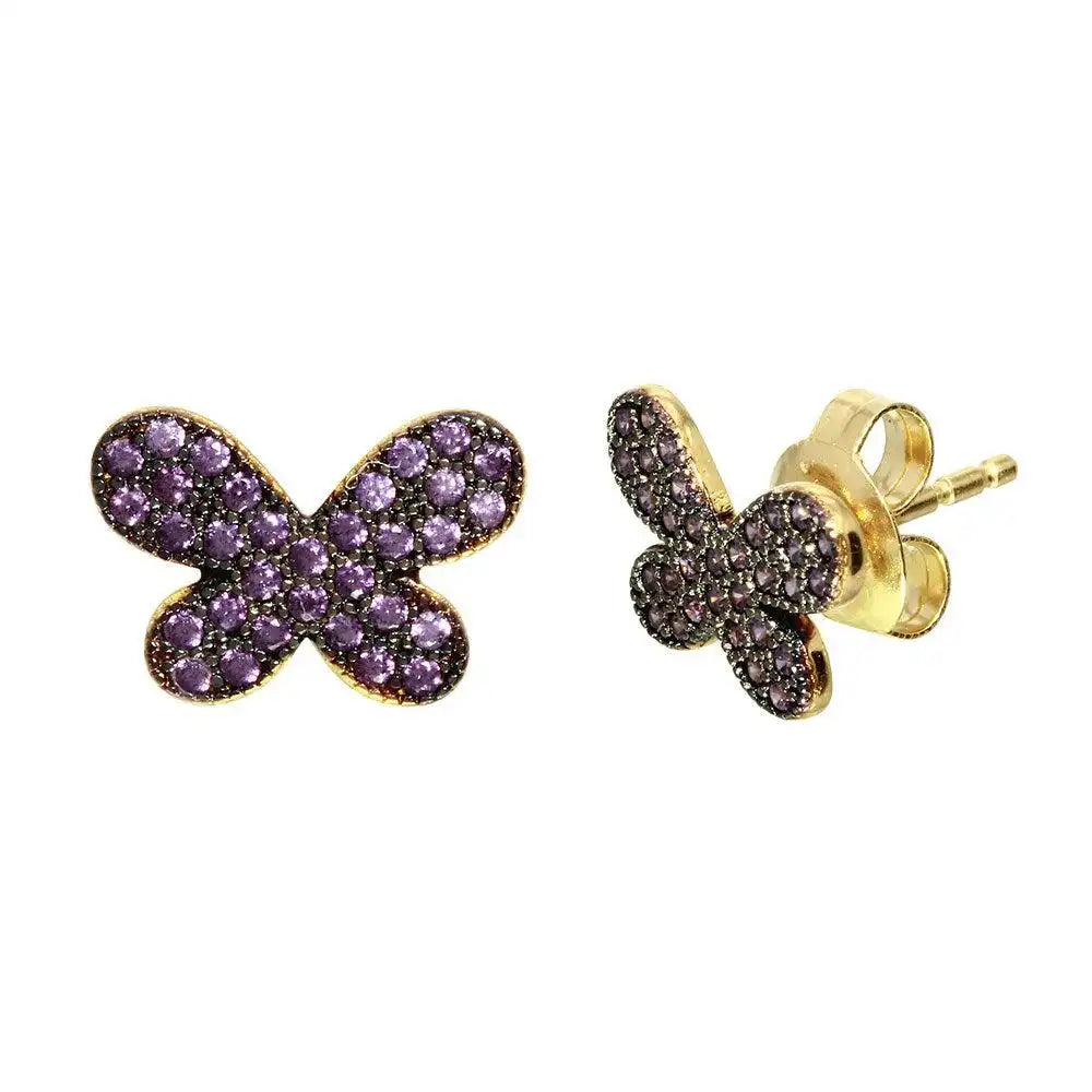 925 Sterling Silver Gold Plated Butterfly Studs Earrings with Purple CZ Stones