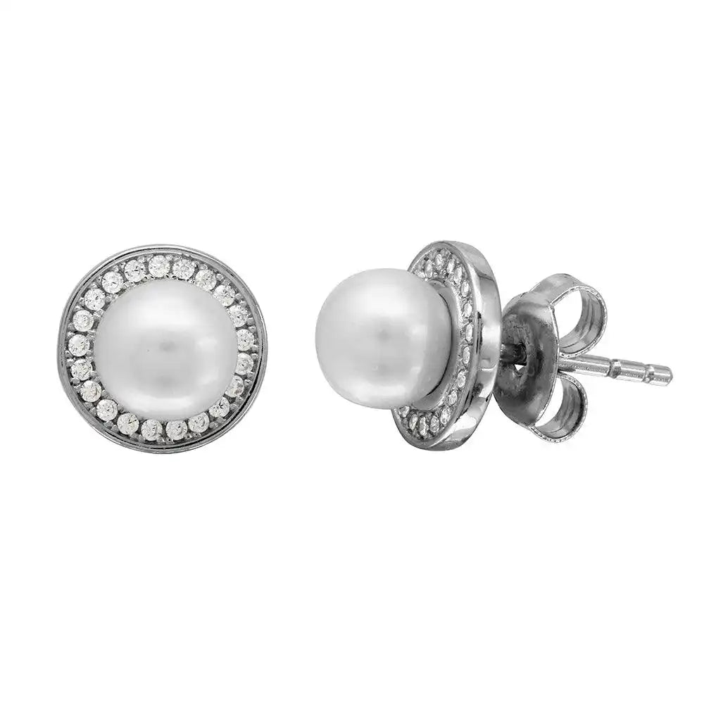 925 Sterling Silver Rhodium Plated Halo CZ Stud Earrings with Fresh Water Center Pearl