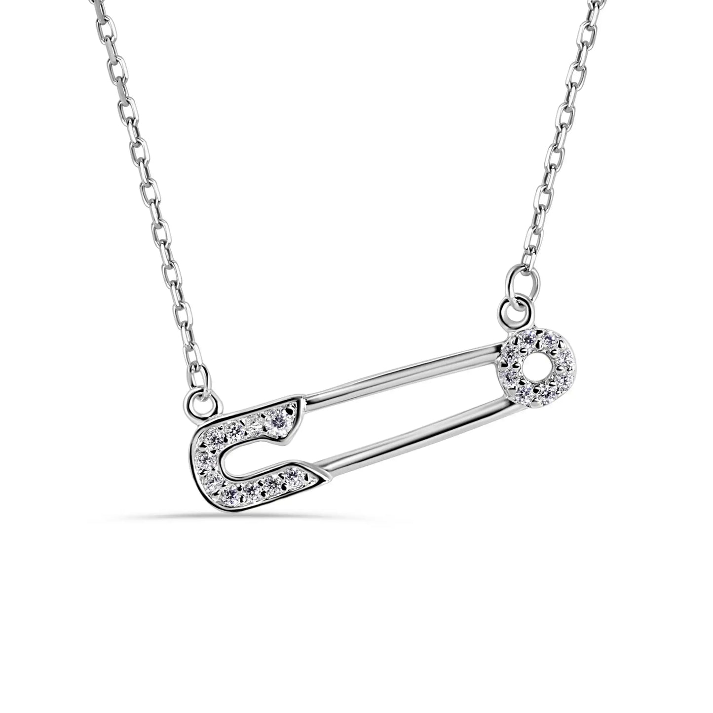 925 Sterling Silver Rhodium Plated CZ Safety Pin Necklace