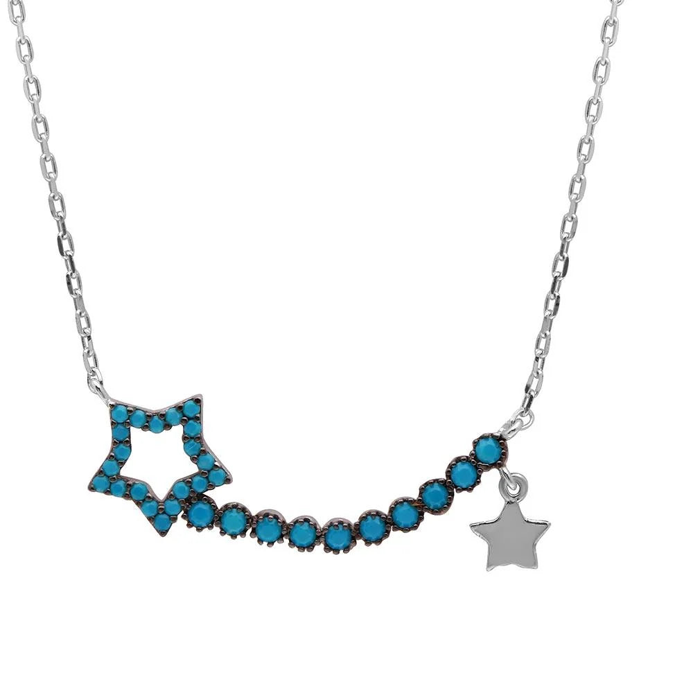 925 Silver Rhodium Plated Turquoise Open Star Necklace
