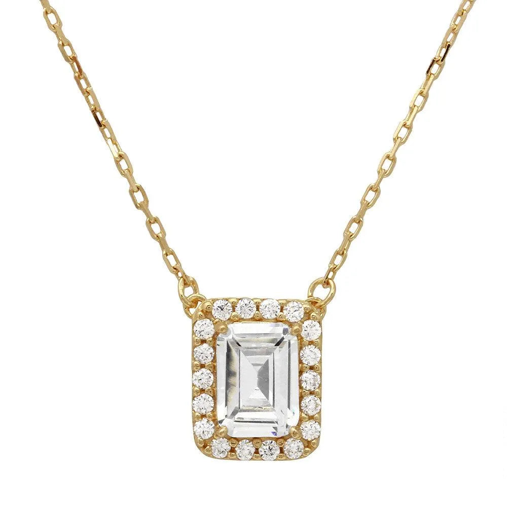 925 Sterling Silver Gold Plated Square Halo CZ Pendant with Adjustable Chain