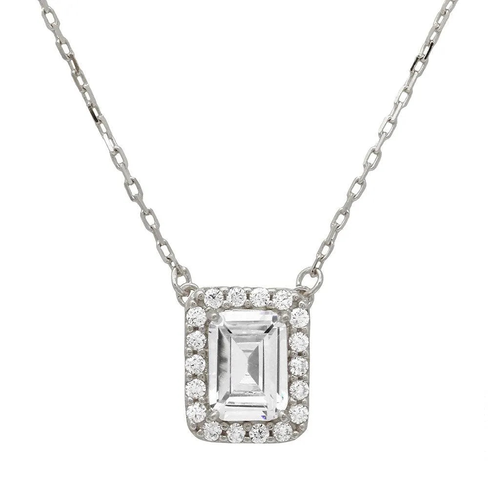 925 Sterling Silver Rhodium Plated Square Halo CZ Pendant with Adjustable Chain