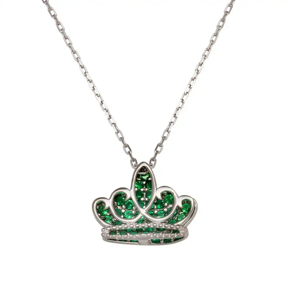 925 Sterling Silver Rhodium Plated Green CZ Crown Necklace