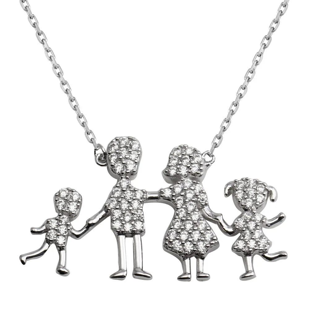 925 Sterling Silver Rhodium Plated CZ Mom, Dad, Baby Boy And Girl Family Necklace