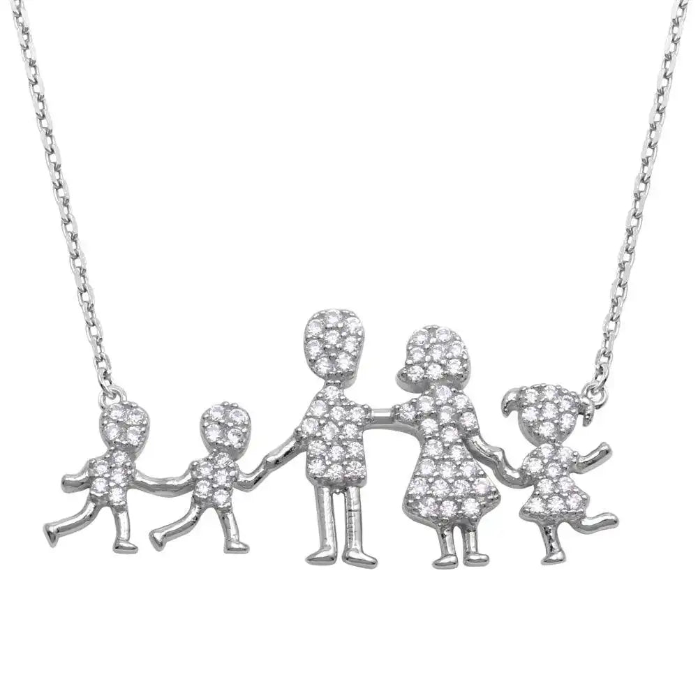 925 Sterling Silver Rhodium Plated Mom, Dad, Daughter and 2 Sons Family Necklace with CZ