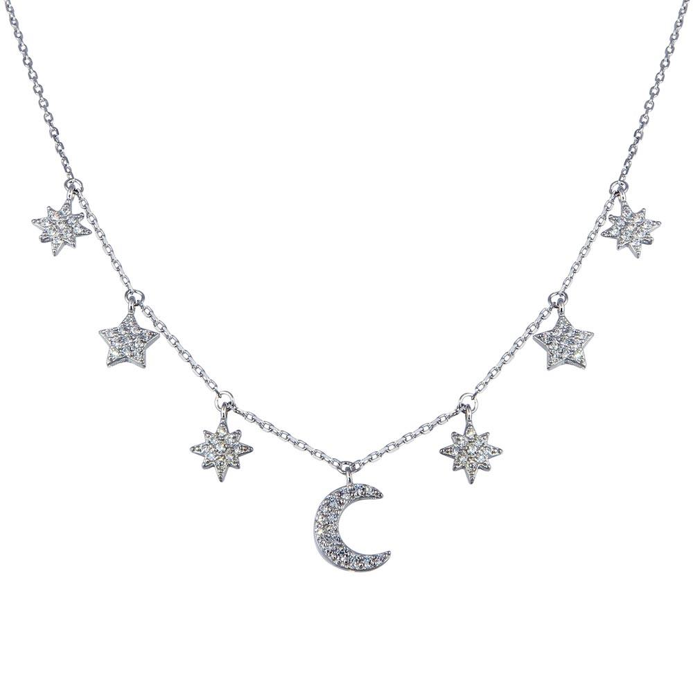 925 Sterling Silver Rhodium Plated  CZ Star and Crescent Moon Necklace