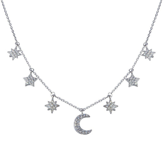 925 Sterling Silver Rhodium Plated  CZ Star and Crescent Moon Necklace