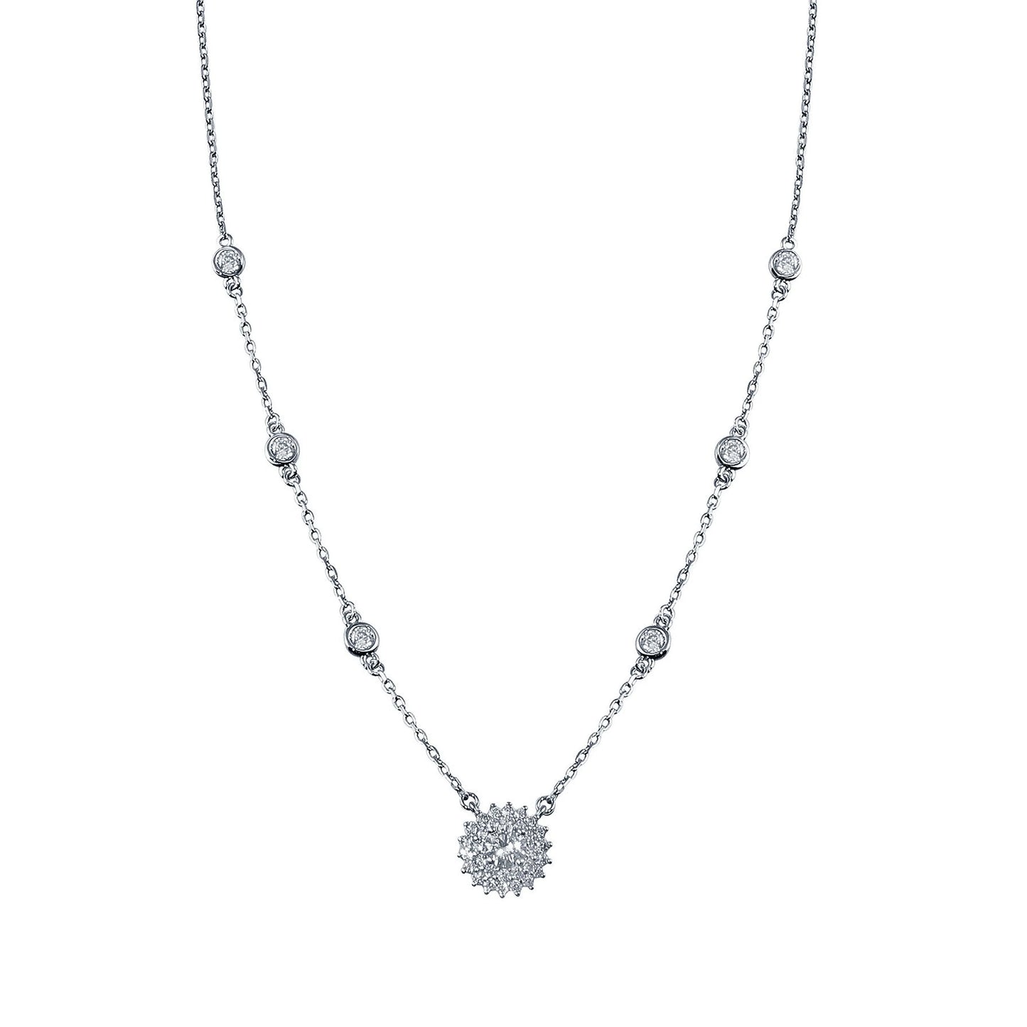 925 Sterling Silver Rhodium Plated CZ Disc Flower Necklace