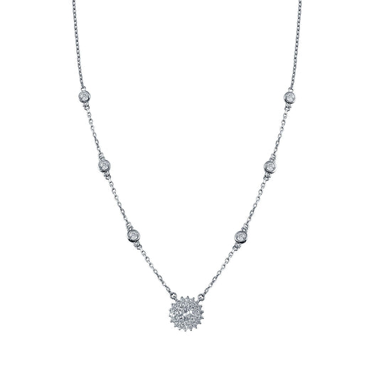 925 Sterling Silver Rhodium Plated CZ Disc Flower Necklace