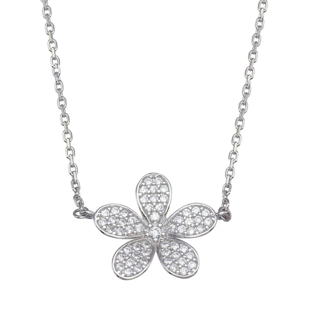 925 Sterling Silver Rhodium Plated CZ Flower Necklace