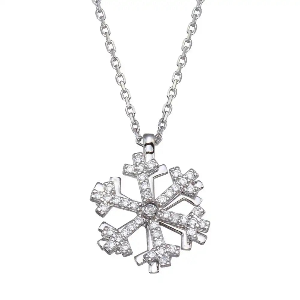 925 Sterling Silver Rhodium Plated Rotating Snow Flake CZ Necklace
