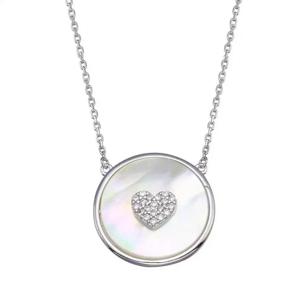 925 Sterling Silver Rhodium Plated Mother Of Pearl Disc with CZ Heart Necklace